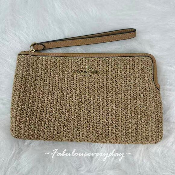Coach Handbags - Coach Large Corner Zip Wristlet CEF69 Gold/Toast Straw Leather NWT